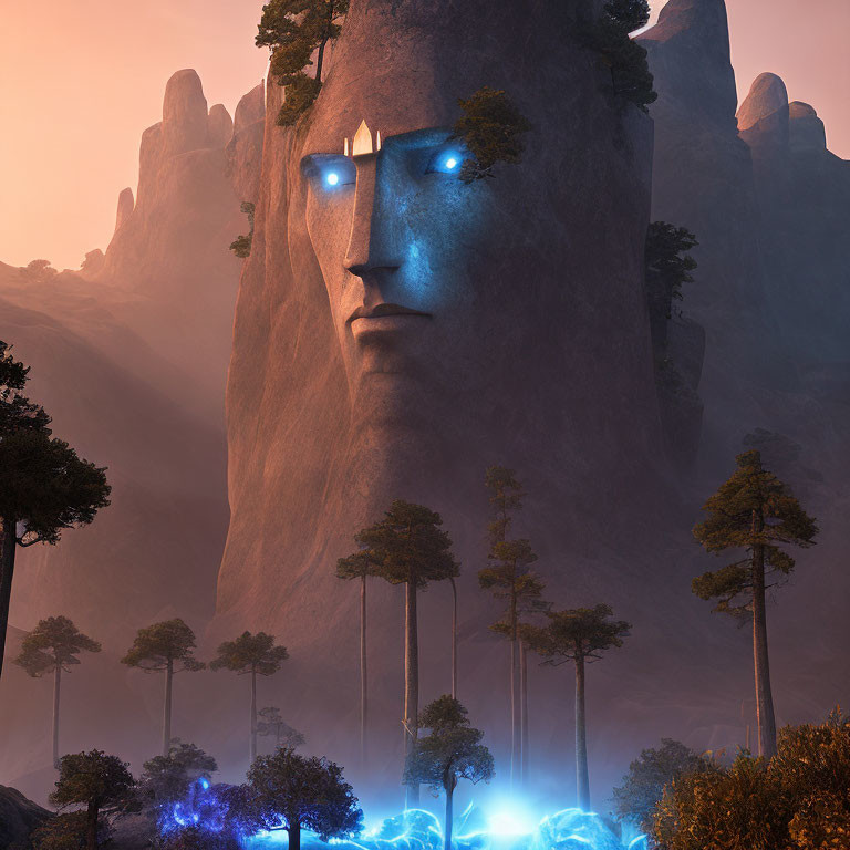 Giant stone face with glowing blue eyes in mystical forest