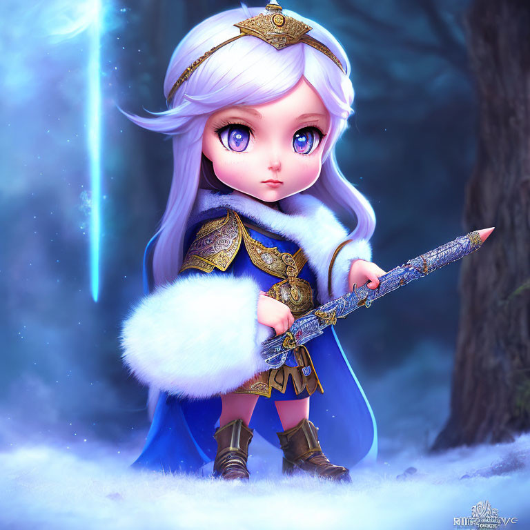 Fantasy character with blue eyes in royal blue outfit in enchanted forest