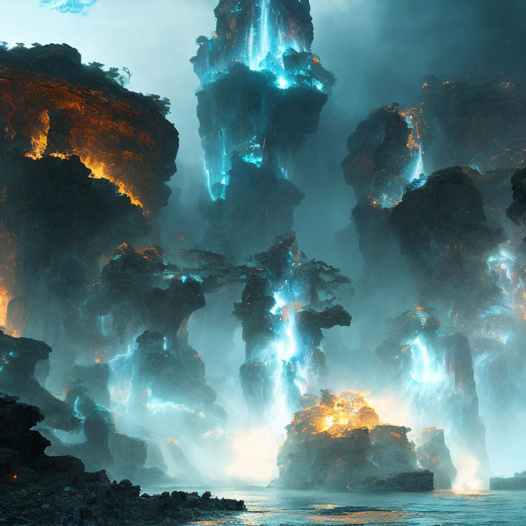 Majestic ethereal rock formations bathed in blue and orange hues