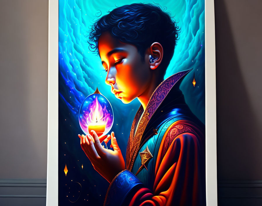 Child holding glowing gemstone in mystical blue aura