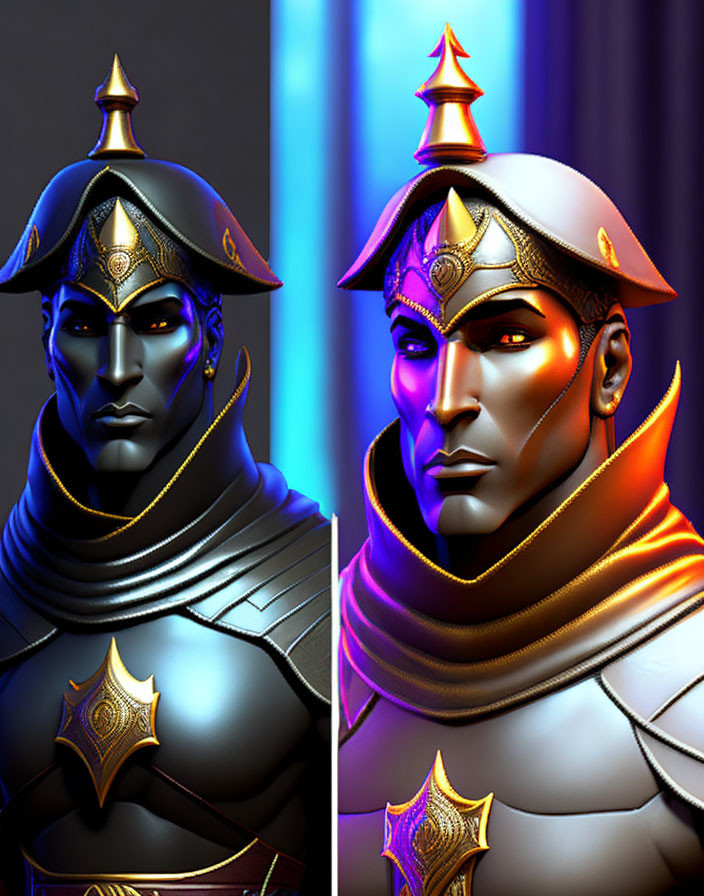 Split-screen image of stylized character with cool and warm-toned color schemes and ornate armor.