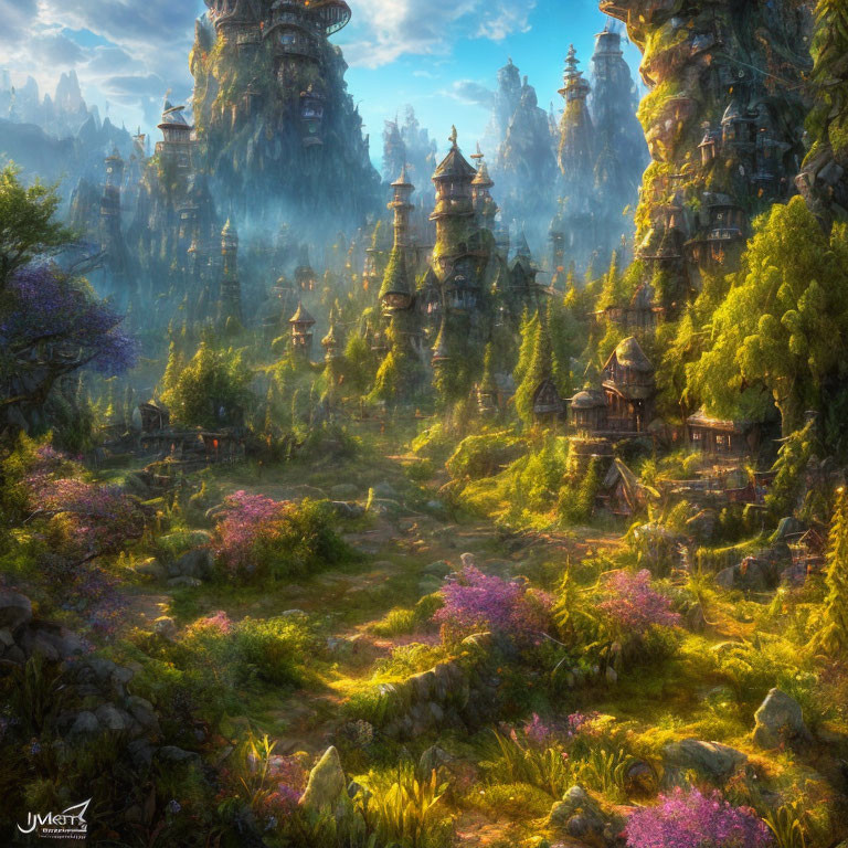 Fantasy landscape with ornate spires in lush greenery