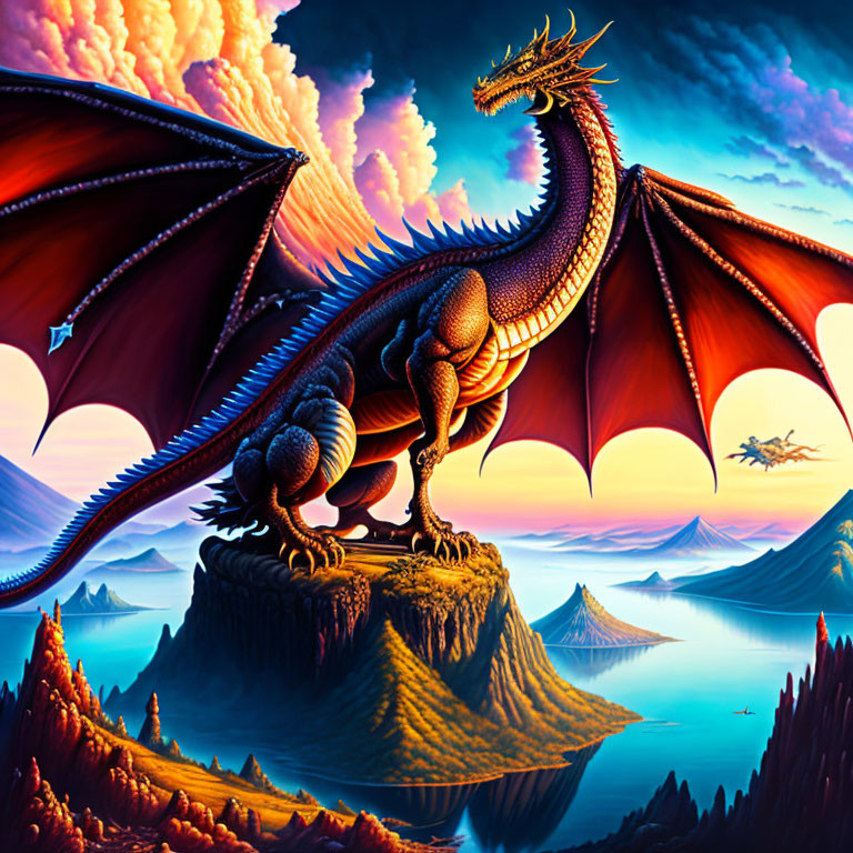 Majestic dragon on mountain peak at vibrant sunset