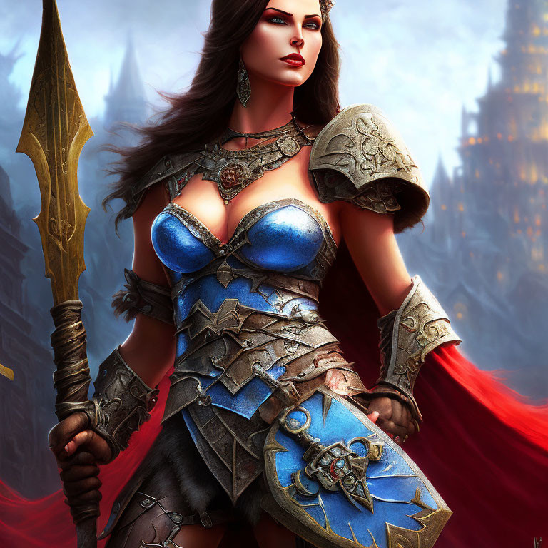 Female warrior in blue and silver armor with red cape and golden spear in misty castle scene