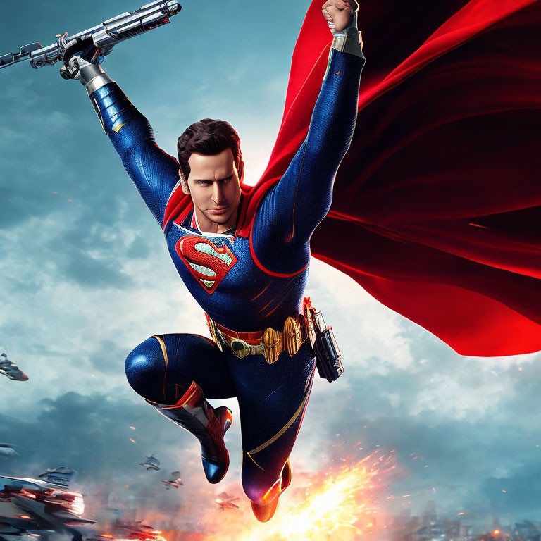 Superhero in red cape and blue suit with 'S' emblem flying towards viewer against fiery explosion sky