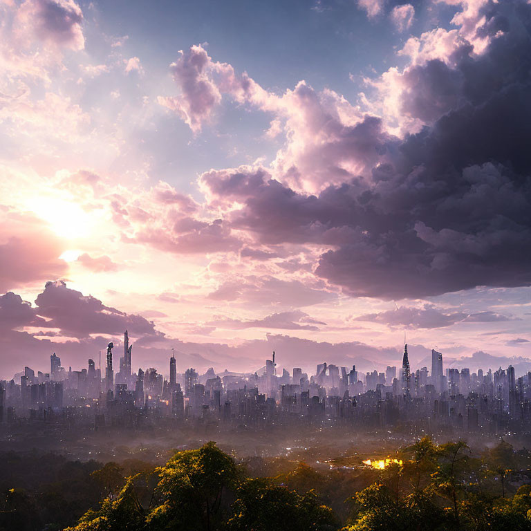 City skyline at sunset with warm sunlight filtering through clouds.