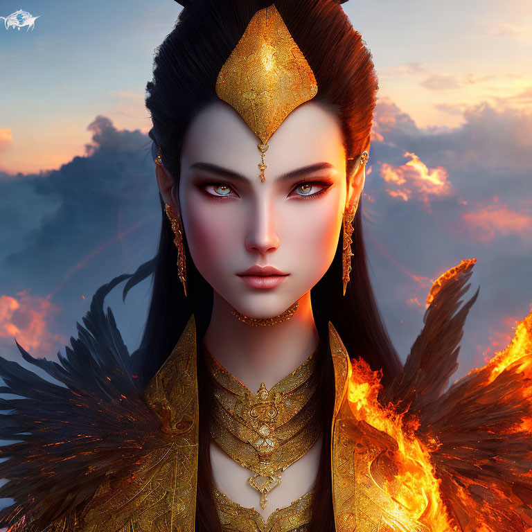 Digital artwork: Female character with golden headpiece and jewelry against cloudy sky with fiery wings