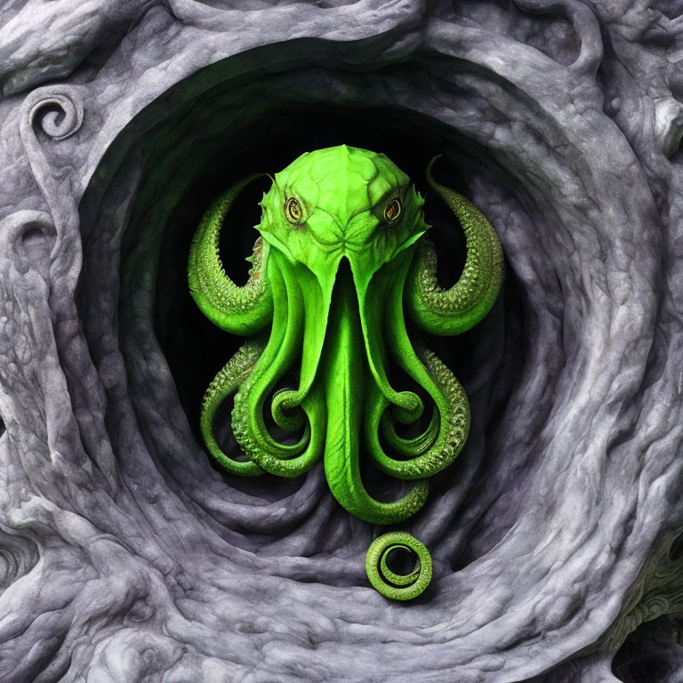 Green Octopus-Like Creature with Tentacles and Prominent Eyes Emerging from Rocky Opening