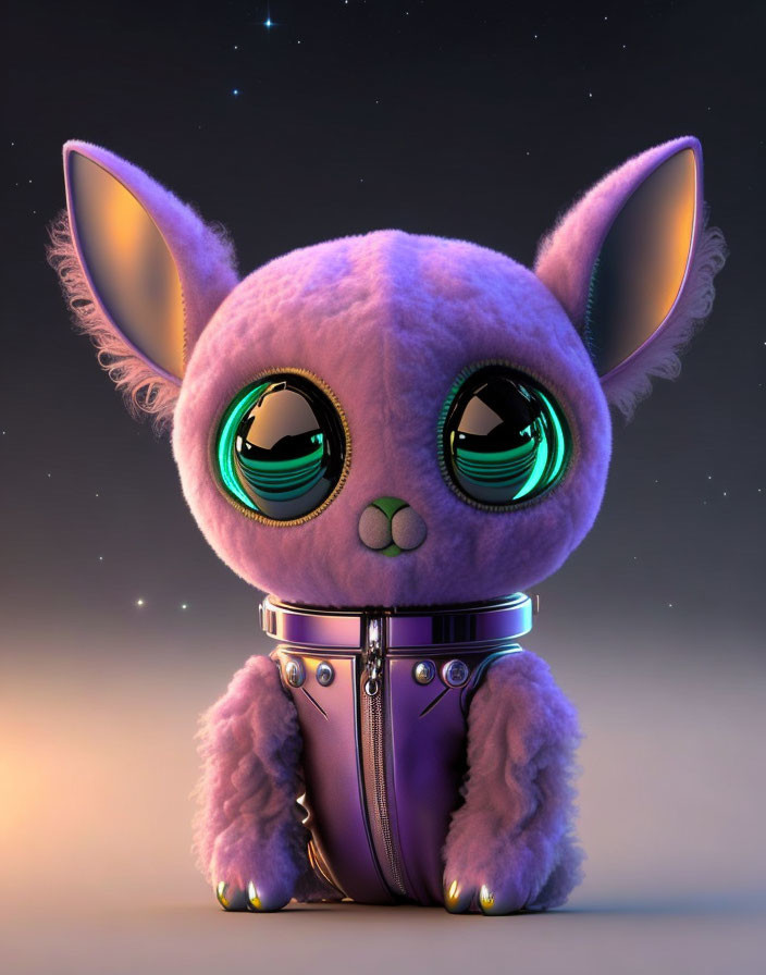 Purple Furry Creature with Green Eyes and Metallic Collar in Futuristic Setting