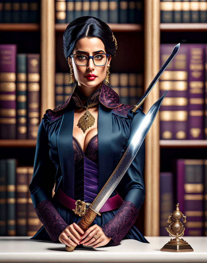 Victorian-inspired woman portrait with glasses, sword, library shelves