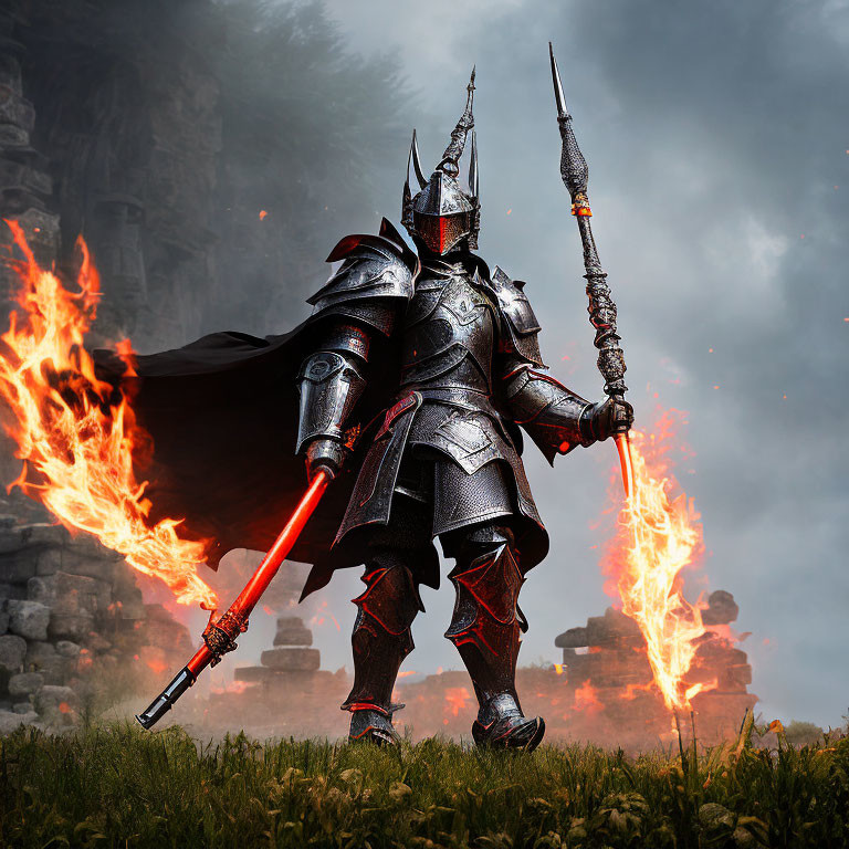 Black-armored knight with red sword in fiery ruins landscape