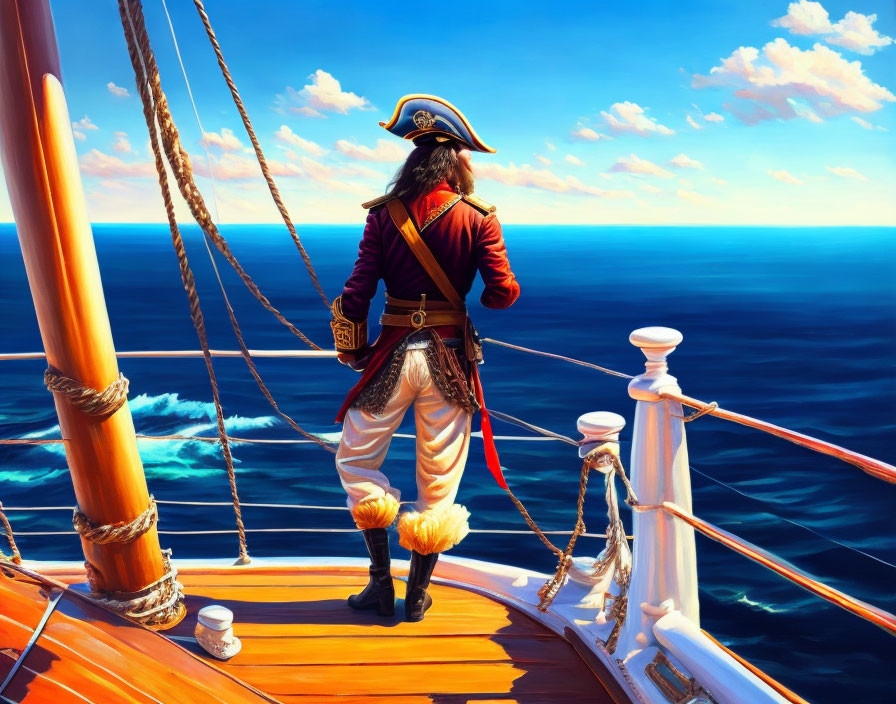 Pirate captain at ship helm under blue sky