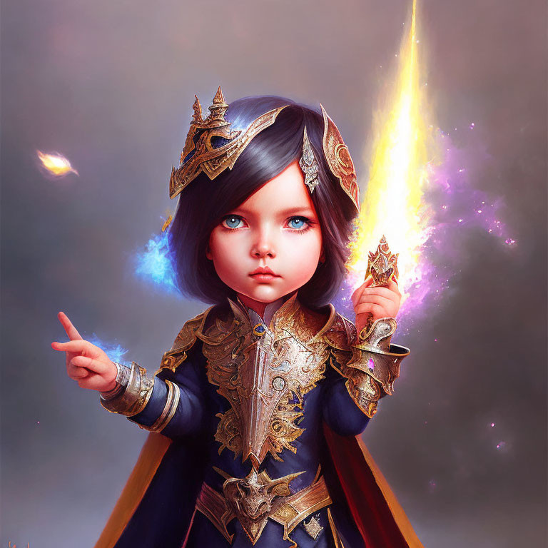 Child in Elegant Fantasy Armor with Glowing Sword in Cosmic Setting