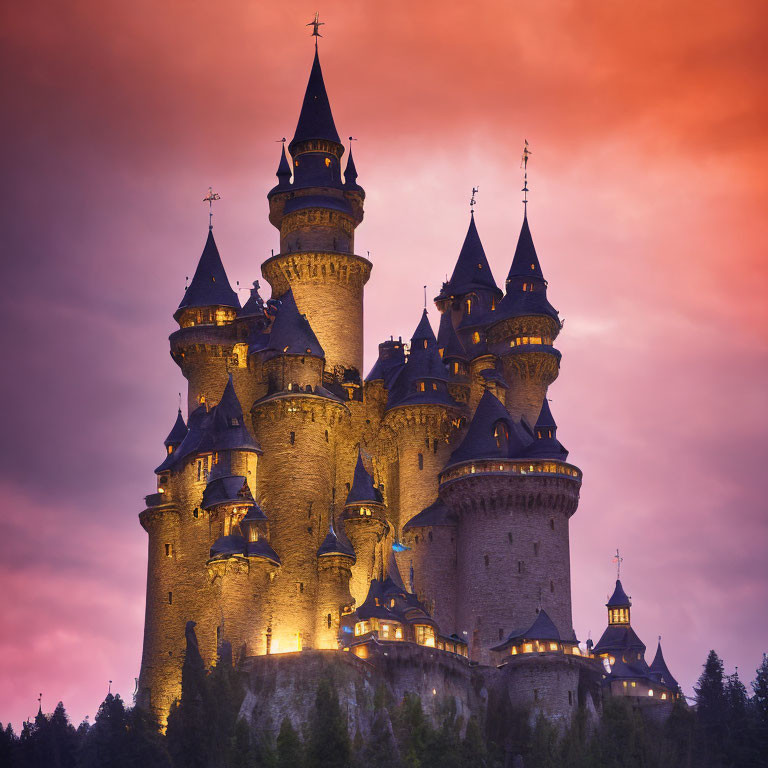 Majestic castle with multiple spires under vibrant sunset sky