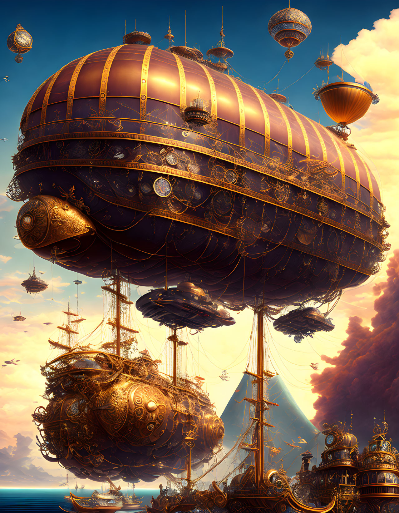 Fantasy illustration: ornate airships & sailing ships in surreal sky