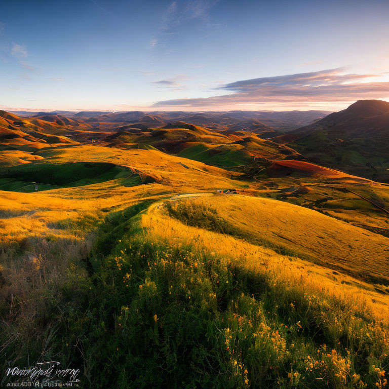 Scenic sunset over rolling hills and winding path through greenery