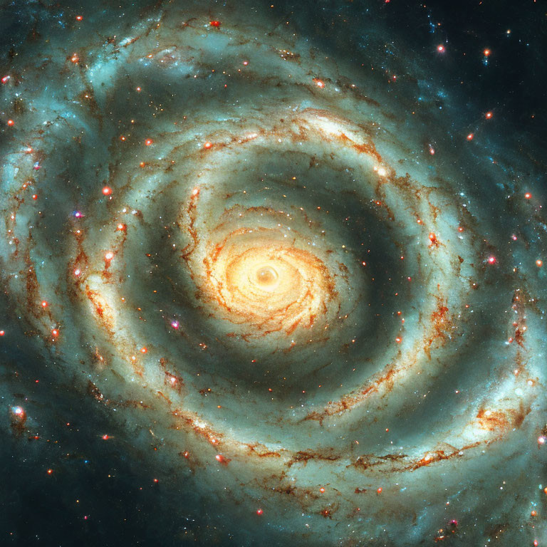 Spiral galaxy with swirling arms, star clusters, and dust lanes