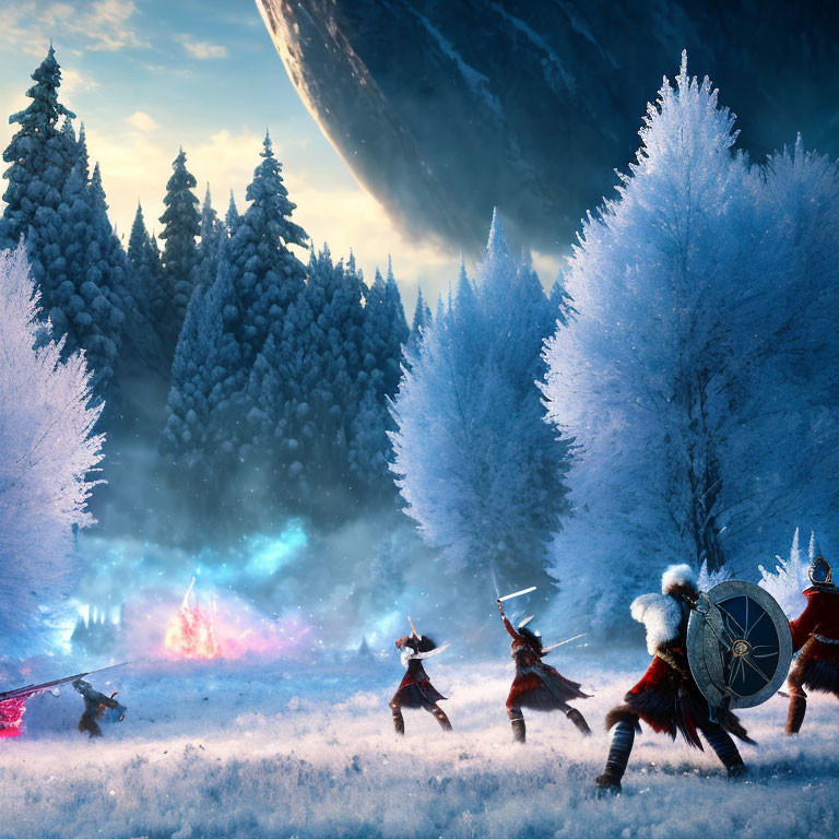 Fantasy warriors in snowy forest with mystical portal and large planet.