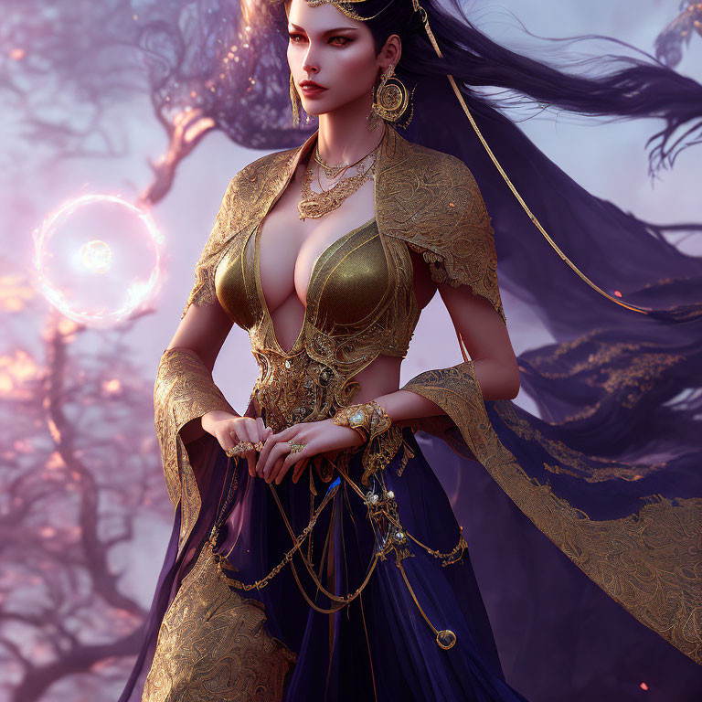 Fantasy female character in gold-trimmed purple outfit with mystical orb