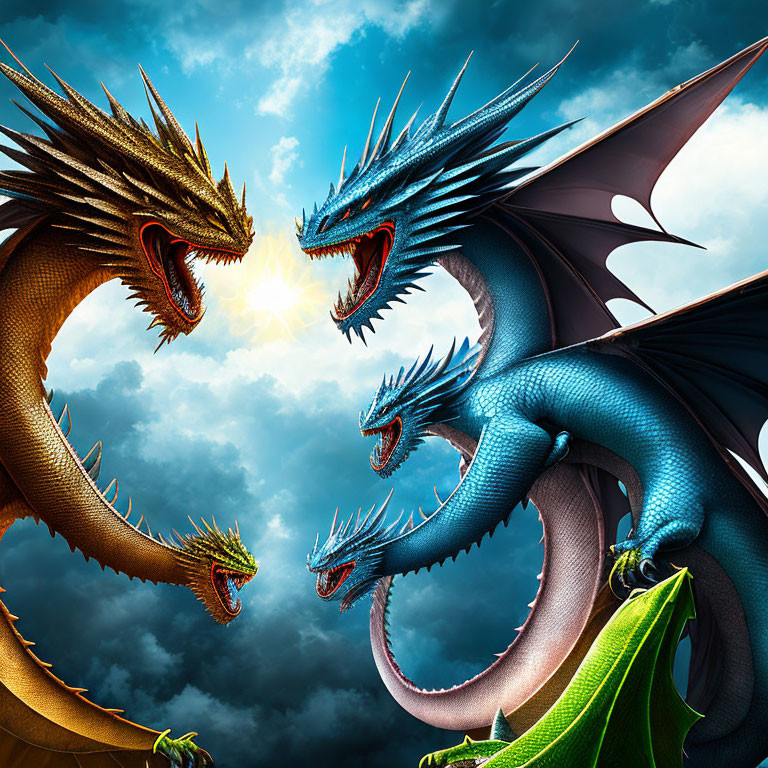 Majestic golden and blue dragons meeting under dramatic sky