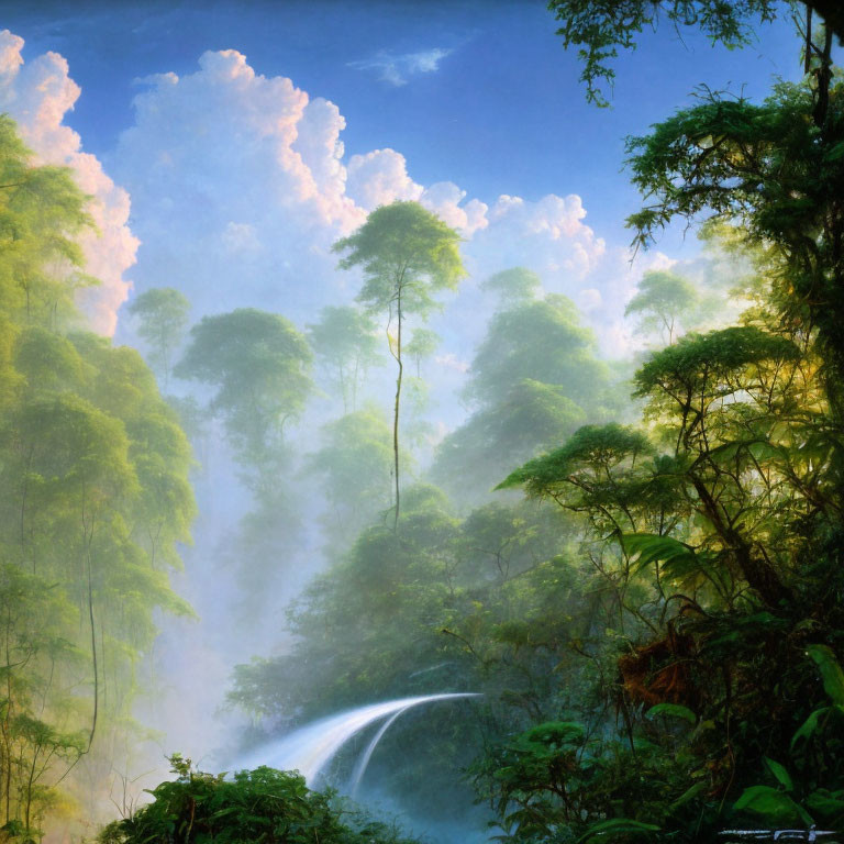 Tranquil waterfall in lush forest under fluffy cloud sky