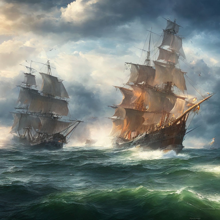 Sailing ships battle on turbulent seas with firing cannons.