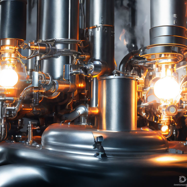 Shiny industrial steel pipes and valves with glowing lights and steam rising