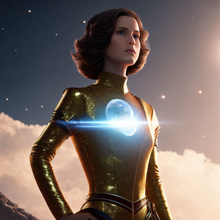 Brown-haired female superhero in gold suit with blue details holds glowing orb under dusky sky