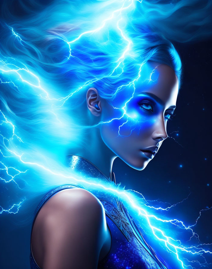 Woman with Neon Blue Electric Energy on Dark Background