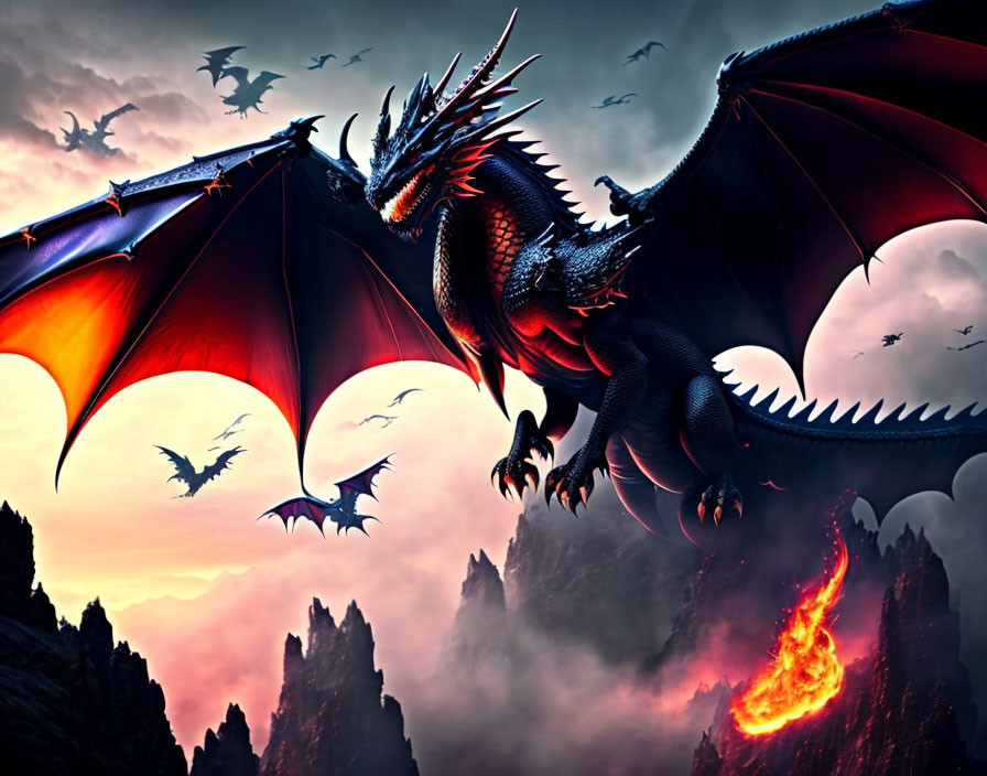 Black dragon breathing fire perched on rocky terrain among flying dragons