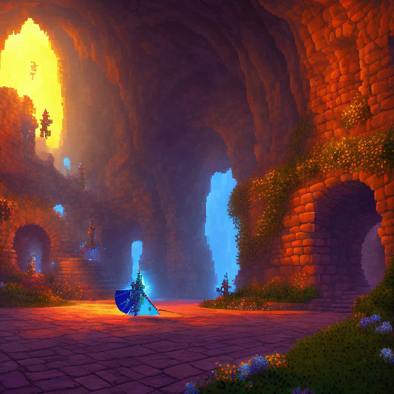 Vibrant Cave with Figure in Blue Cloak Amid Intricate Stonework