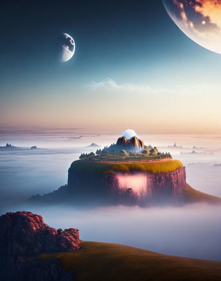 Surreal landscape with floating island, waterfall, planet, and crescent moon