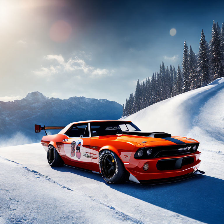 Orange Race Car with Number 98 on Snowy Landscape