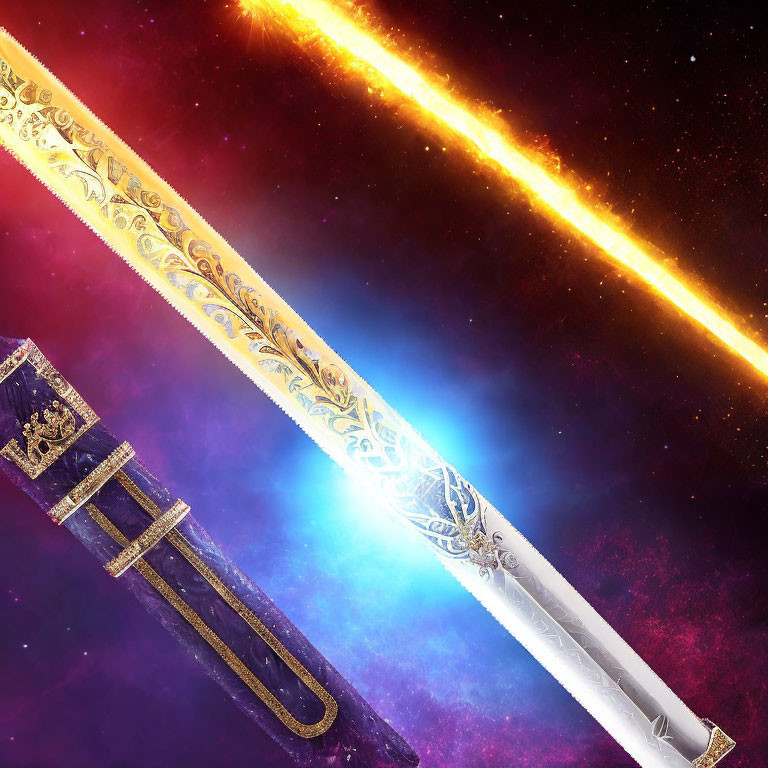 Digital image of golden sword with glowing blade in cosmic setting