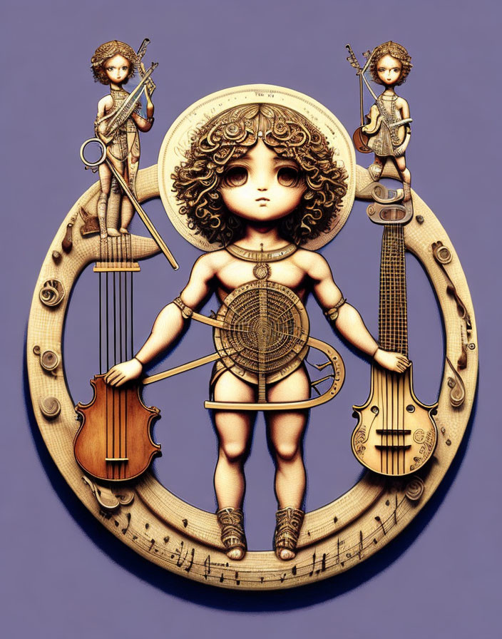 Illustration of doll-like figure with musical instruments and compasses on purple background.