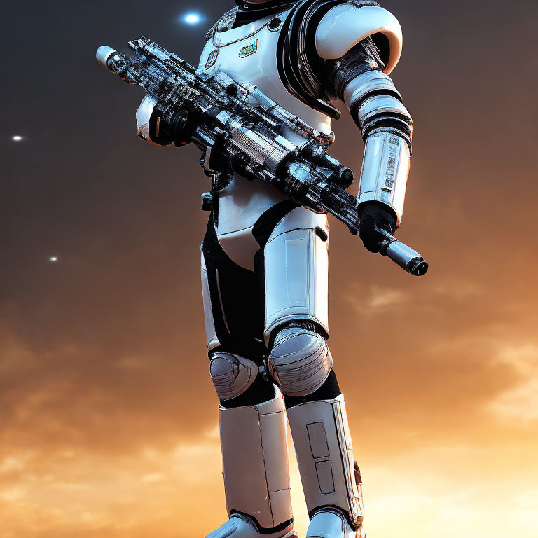 Futuristic white robot with rifle against orange sky