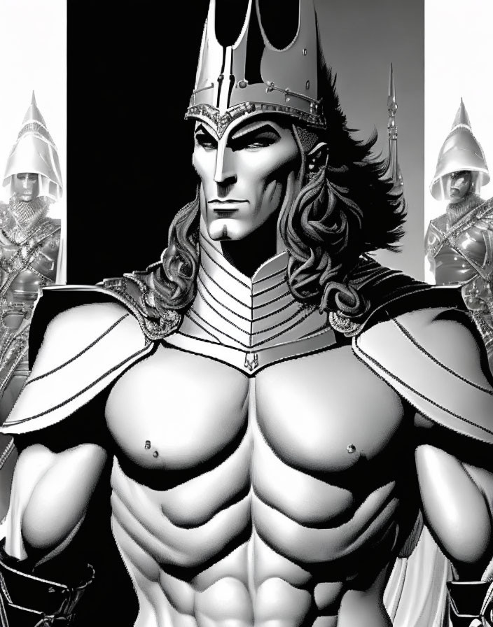 Warrior illustration with helmet and armor, muscular physique, and armored figures in background.