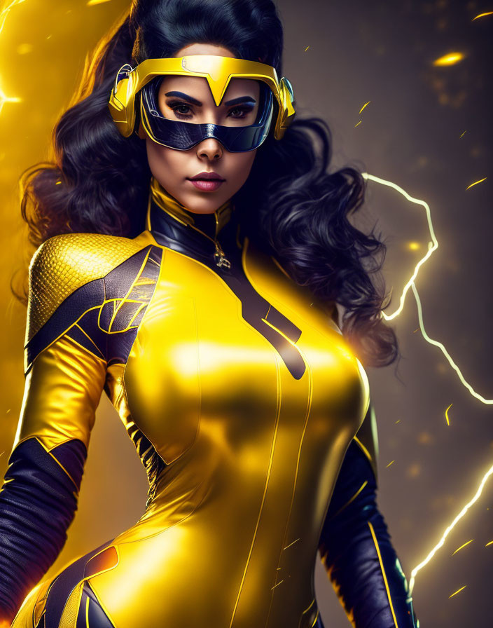 Stylized superhero woman in yellow and black costume with visor and lightning effects