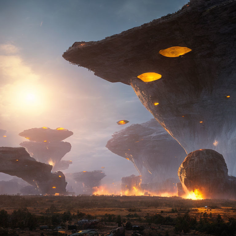 Glowing rock formations above fiery ground at sunset