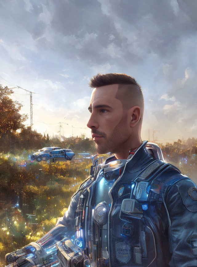 Futuristic man in blue suit with glowing elements against nature-technology backdrop