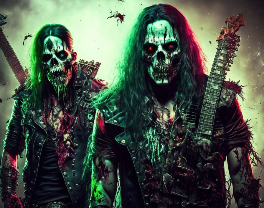 Sinister horror-themed duo in skull makeup with guitars