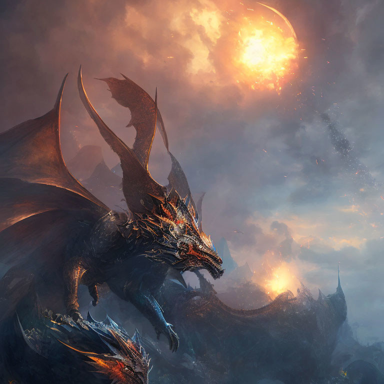 Majestic dragon breathing fire in smoldering sky