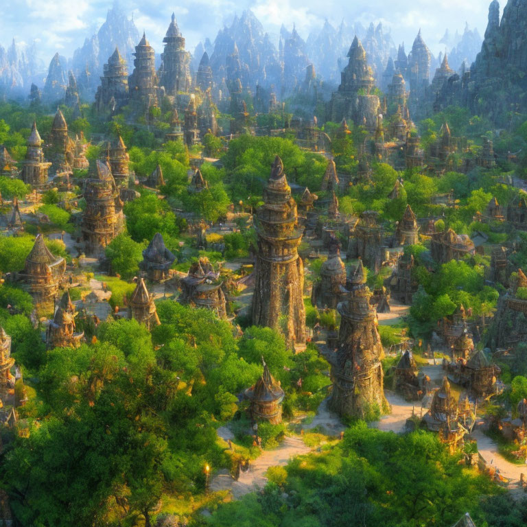 Ancient stone temples in lush, vibrant landscape