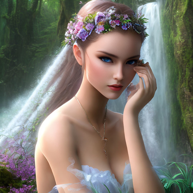 Woman with floral crown by waterfall in digital art