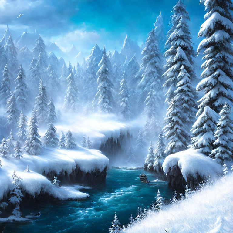 Snow-covered trees and flowing river in serene winter landscape