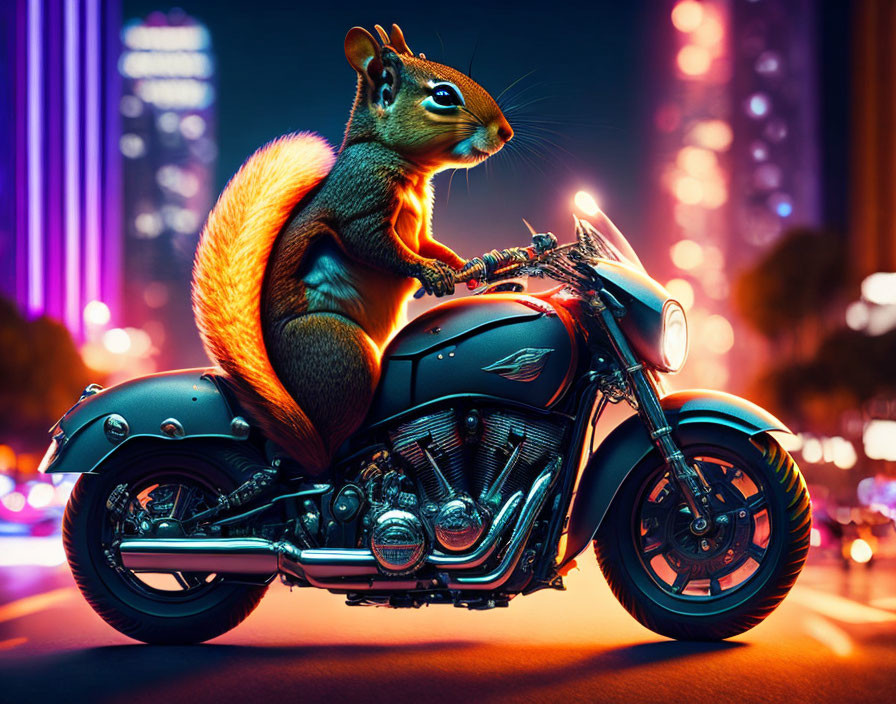 Digitally altered image: squirrel on motorcycle in vibrant cityscape