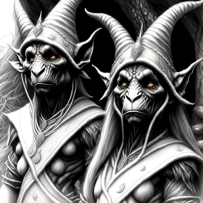 Monochrome illustration of two horned fantasy creatures in ornate attire