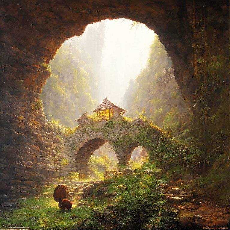 Tranquil landscape: stone bridge, house in forest, soft light.