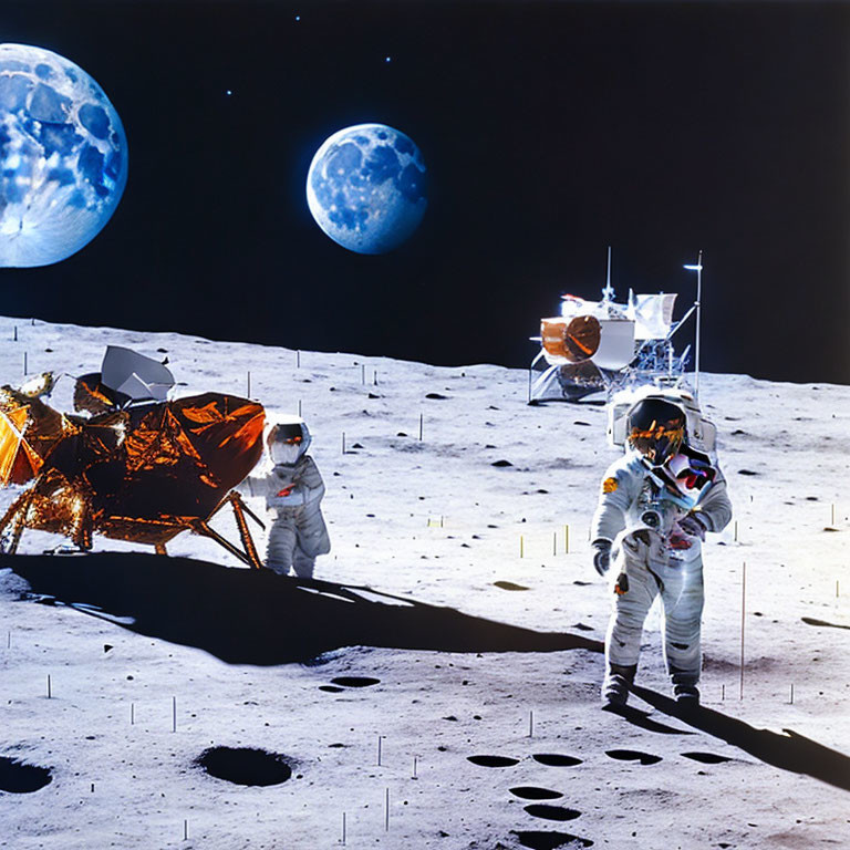 Astronauts on Moon's Surface with Lunar Module and Earth Visible