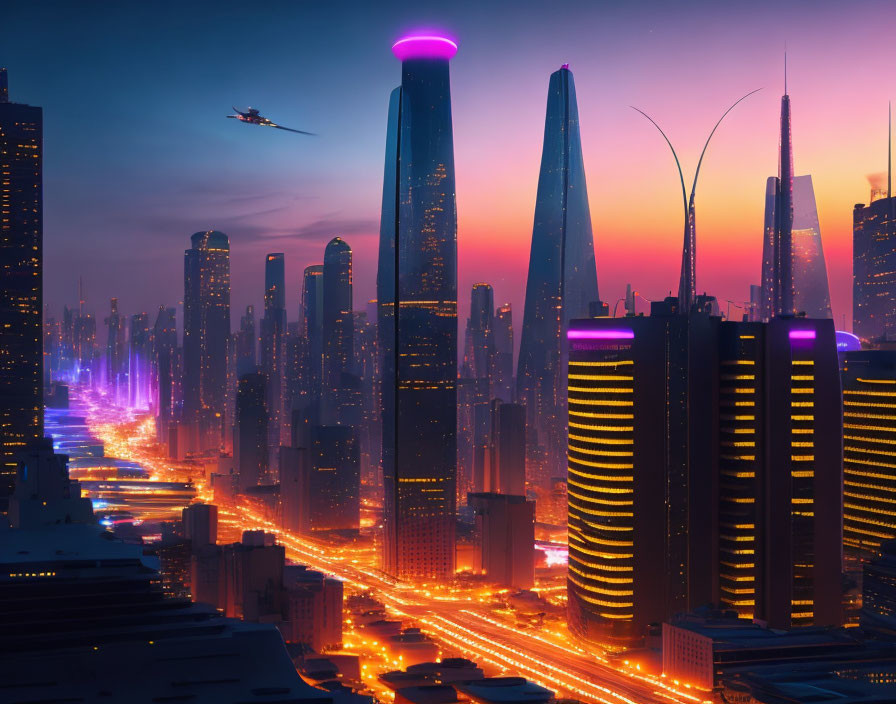 Futuristic cityscape with neon-lit skyscrapers and flying vehicle at dusk